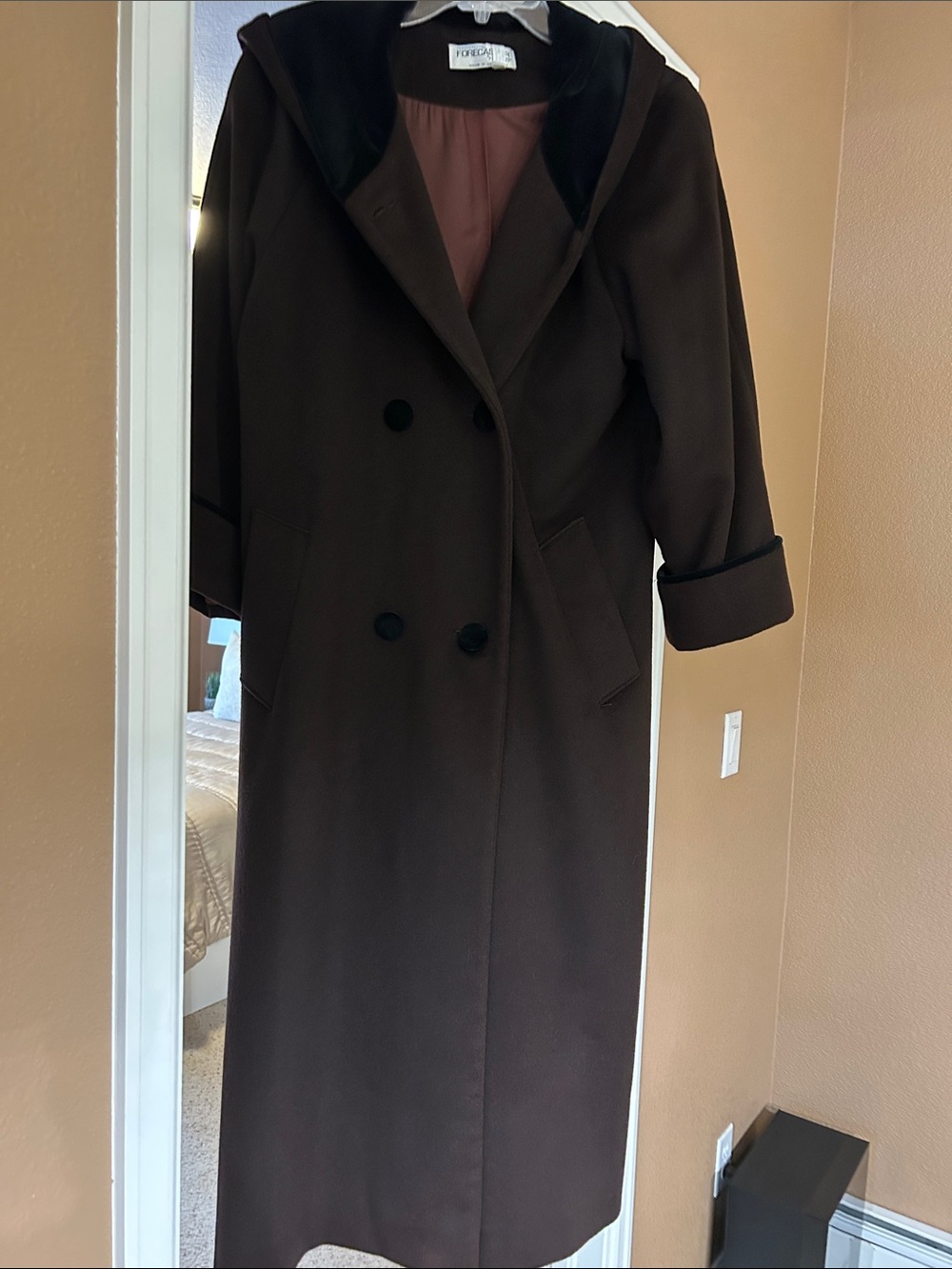 Forcast Dark Brown Double-Breasted Hooded Coat with Black Trim